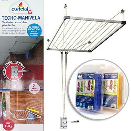 Tendedero de pared o tendedero de techo: cual comprar Bricolemar Tendedero de Techo Sube y Baja con Manivela Cuncial Tezno-Techo + 40 Pinzas Irrompibles Monoblock Pack