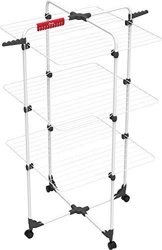 Tendedero de pared o tendedero de techo: cual comprar Vileda Mixer 3 - Tendedero vertical de torre de acero, 30 metros de espacio de tendido, 3 rejillas, soporte para ropa pequeña y perchas, color blanco, dimensiones abierto 137 x 71 x 71 cm