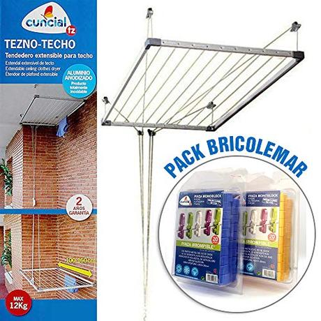 Tendedero de pared o tendedero de techo: cual comprar Bricolemar Tendedero de Techo Sube y Baja Cuncial Tezno-Techo + 40 Pinzas Irrompibles Monoblock Pack