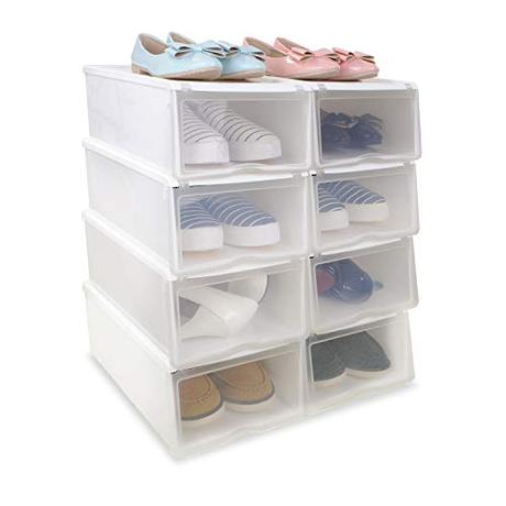 8x Cajas Organizadoras Apilables Anti-manchas Transparentes para Zapatos, Conjunto de Estantes Zapateros Desmontables Amontonables de Almacenamiento de Plástico Reforzado, 33x22x14cm, Color Blanco