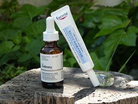 Ojera marcada y seca: Hyaluron filler de Eucerin y Caffeine Solution 5% de The Ordinary