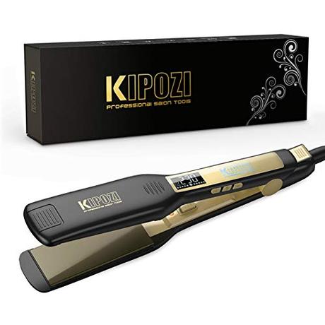 KIPOZI Plancha de Pelo Profesional, placa ancha de titanio con pantalla digital LCD, adecuada para todo tipo de cabello, doble voltaje (negro)