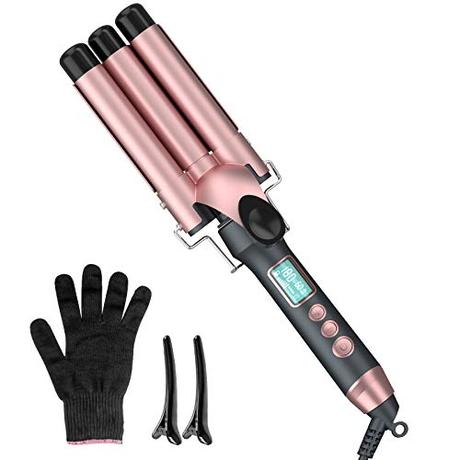 Rizador Pelo Profesional 3 Tubos, QUARED Plancha Rizadora de 25 mm con Placas de Cerámica de Turmalina, Rizador de Pelo Eléctrico con Pantalla LCD, Temperatura Ajustable 80℃-230℃/150℉-450℉