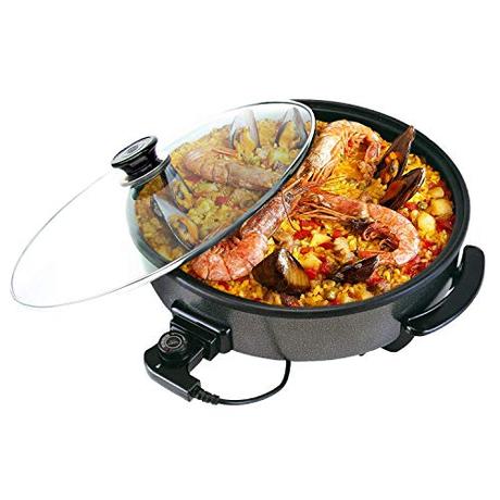 Sogo SS-10060 Paellera, Sartén Eléctrica para Paella y Pizza, Cazuela Multiusos 42cm diámetro y 4,5cm Profundidad Con Tapa de Cristal 1500W