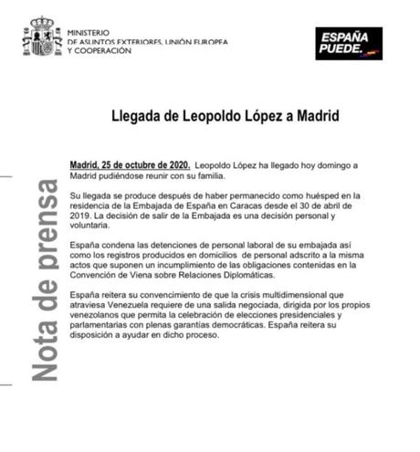 Cancillería española confirma que Leopoldo López se encuentra en Madrid