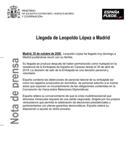 Cancillería española confirma que Leopoldo López se encuentra en Madrid Cancillería española confirma que Leopoldo López se encuentra en Madrid