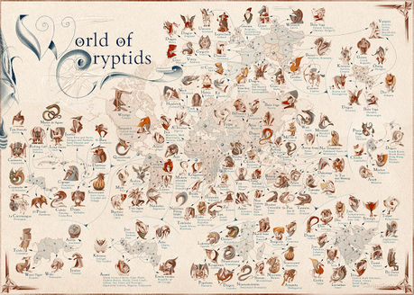 Mapamundi de las criaturas criptidas y místicas mas famosas