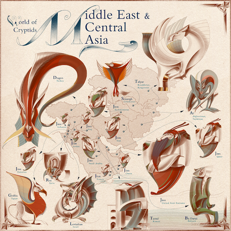 Mapamundi de las criaturas criptidas y místicas mas famosas Mapamundi de las criaturas criptidas y místicas mas famosas