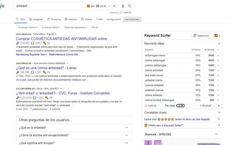 Búsqueda en Google utilizando la extensión Keyword Surfer