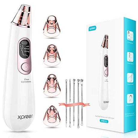 Limpiador de Poros, Xpreen Extractor de Puntos Negros Limpiador Facial Blackhead Remover Eliminador Puntos Negros Electrónico Recargable con Pantalla LED, 4 Cabezales y 3 Modos para Espinillas y Acné