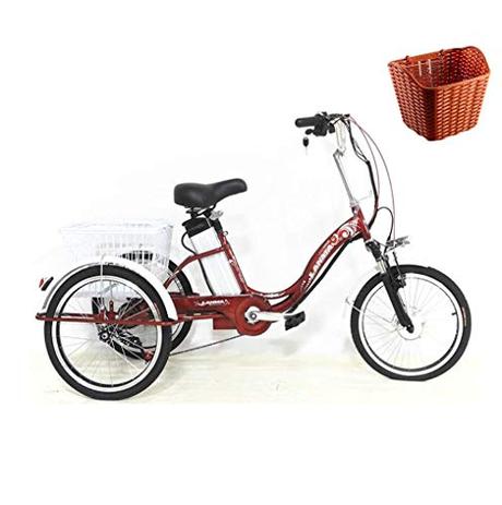 Triciclo eléctrico Bicicletas de 3 Ruedas para Adultos Damas de 20'con cestas para la Compra Bicicleta de Iones de Litio 48V / 12AH / 250W Transporte de Ocio Salidas asistidas Iluminación LED Rojo