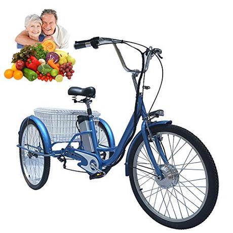 Triciclo para Adultos Bicicleta eléctrica de 3 Ruedas para Damas Bicicleta eléctrica de 24 '' con Carrito Trasero Canasta Canasta de Alimentos Salida de Compras Regalo para Padres