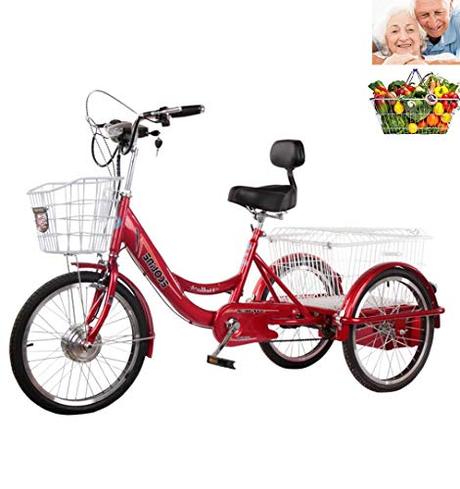 Triciclo para Adultos eléctrico de Tres Ruedas para Damas Bicicleta eléctrica asistida con batería de Litio, Regalo para Padres con Carrito de Compras, Cesta, Motor Delantero, 250 W, bicitaxi