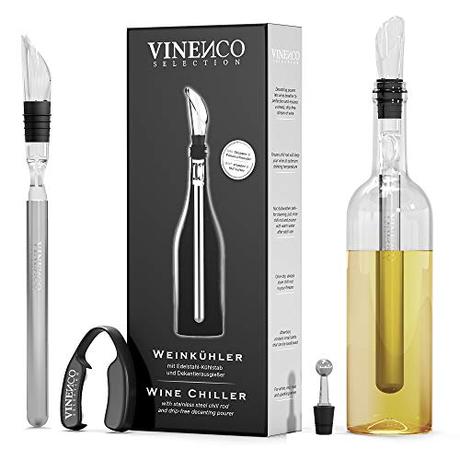 Accesorios del vino, saborea tu momento Enfriador de Botellas de Vino Blanco, 3 en 1 Kit: Juego de Refrigeración (Acero) de Calidad + Tapón–Decantador + Aireador | Accesorios Bar, Idea Regalo Mujer Hombre Cumpleaños Fiesta Amigo Barman