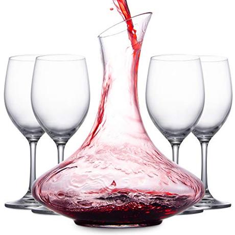 Accesorios del vino, saborea tu momento Mafiti Decantador de Vino con Copas incluídas (Cuatro Copas de Cristal). Jarra conservadora de Vino Tinto - Regalo Ideal enotecas - Accesorio para Regalar a los Amantes del Vino