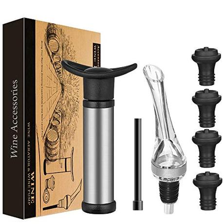 Accesorios del vino, saborea tu momento VESSTT Bomba de Vino Vacío Wine Saver Bomba Food Grade Vino Plug Establece Acero Inoxidable Wine Saver Preservador de la Bomba con 4 Tapones de Botella