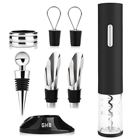 Accesorios del vino, saborea tu momento GHB Sacacorchos Eléctrico Abridor de Botellas Eléctrico con Cortador de Papel/Vertedor/Tapón de Vacío/Aerator/Anillo de Vino Funciona con Batería
