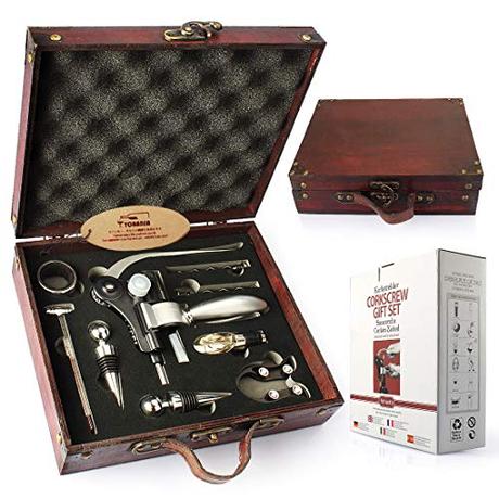 Accesorios del vino, saborea tu momento YOBANSA Caja de madera antigua accesorios para vino juego de regalo, kit de abrebotellas de vino de conejo, sacacorchos para vino, tapón de vino, vertedor de vino(9set 0A)