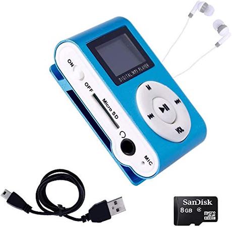 Mini Reproductor MP3 con Pantalla LCD y Enganche de Clip + Tarjeta de 4Gb + Cable de Carga + Auricular Blanco, Music Player Azul