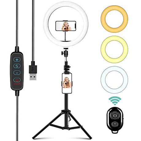 Aro de Luz con Trípode 10', ITSHINY LED Anillo de Luz 3 Colores 11 Brillos Regulables, Wireless Control Remoto y Alimentado por USB, Aro de luz para Movil Tiktok Fotografía Maquillaje Selfie Youtube