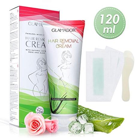 Crema Depilación Hidratante- GLAMADOR Crema Depilatoria Mujer para Pieles Sensibles- Extracto de Aloe Vera y Rosa, Depilación Suave, Tubo de 120 ml y Espátula