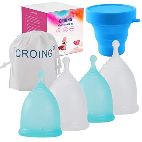 Copa menstrual, respetuosa con tu cuerpo CROING 4 Copas Menstruales con 1 copa de esterilización -2 Piezas Pequeña y 2 Piezas Grande - Menstrual Cup (Azul y Blanco)