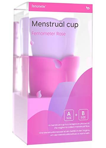 Copa menstrual, respetuosa con tu cuerpo Femometer Copa Menstrual (1 Piezas Pequeña y 1 Piezas Grande)- Silicona suave reutilizable de grado medicinal - Menstrual Cup (Rosa y morado)