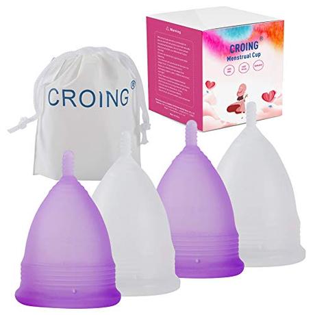 Copa menstrual, respetuosa con tu cuerpo CROING 4 Copas Menstruales - 2 Piezas Pequeña y 2 Piezas Grande - Menstrual Cup (Morado y Blanco)