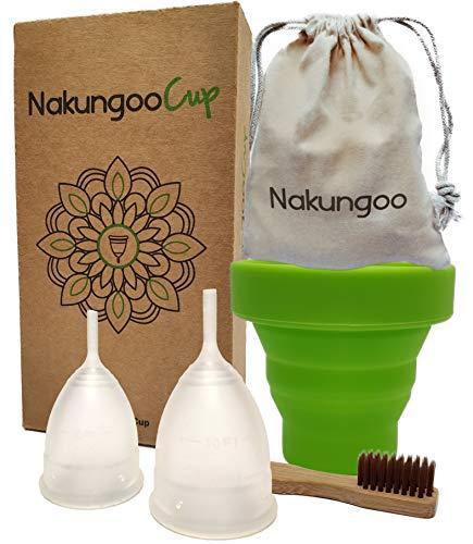 NakungooCup Copa Menstrual Kit Suave Organica Certificado 2 Copas en Talla S y L Esterilizador de Silicona Lavable Dura 12 Horas 30ml Ideal Para Principiantes