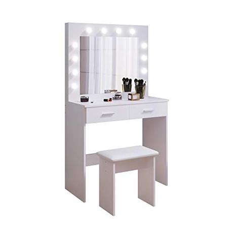 Tocador Mesa de Maquillaje con Hollywood LED Espejo, 2 Cajones Grandes y Taburete, Blanco, 80x40x140cm