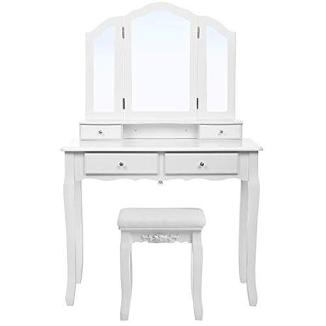 SONGMICS Mesa Tocador para Maquillaje, Bucólico Blanco con Espejo Plegable, con Taburete y 4 Cajones RDT07W