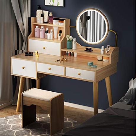 Tocador, el mejor para arreglarte Soul Case Tocador Moderno Taburete Luces LED Espejo Tocador de tocador Conjuntos de taburetes de Mesa 2 cajones Grandes para un Amplio Almacenamiento Patas de Mesa de Madera Maciza estables