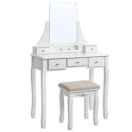 VASAGLE Tocador moderno, Mesa de Maquillaje en MDF y Pino, con Espejo sin Marco, con Caja Móvil, Taburete de Madera de Goma, 5 Cajones, para Dormitorio, Vestidor, Blanco RDT25WT