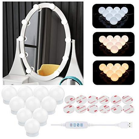 Tocador, el mejor para arreglarte Aourow Luces de Espejo Maquillaje,Diseño de Cable USB Luz de Tocador LED con Interruptor y 10 Bombillas Regulables,3 Modos de Color y 10 Brillo (Sin Espejo y Cargador USB)