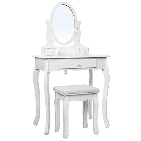 Tocador, el mejor para arreglarte Songmics RDT004 - Tocador Mesa de Maquillaje con 3 Cajones, Espejo Oval, Taburete Acolchado, 70 x 40 x 130 cm