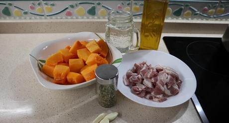 Calabaza con Panceta en la Olla GM Los ingredientes para hacer calabaza con beicon con la Olla Gm
