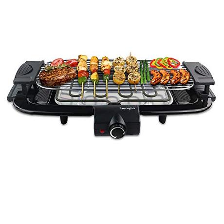 HengBO Grill Electrico Parrillas para Barbacoa Sin Humo Barbacoa Grill de Mesa con Bandeja Recoge Grasa, Altura und Temperatura Ajustable, para 6 Personas 2000W Negro