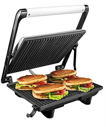 AICOK Parrilla Eléctrica, 2000 W Sandwichera Grill 4-Serving Panini Grill con Placas Antiadherentes Libre de PFOA, Bandeja de Goteo Extraíble, Tapa Flotante y Asa de Toque Frío, Plata