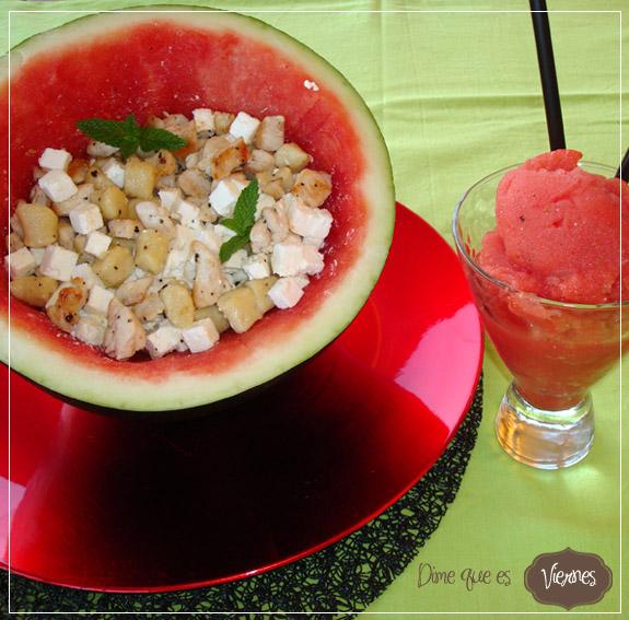 Timbal de Sandía relleno de ñoquis con pollo... y de postre Sorbete de sandía.