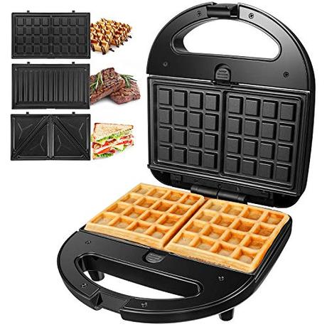OSTBA Gofrera, Sandwichera 3 en 1, Parrilla para gofrera bocadillos hamburguesa y Panini Grill 3 Extraíble placas, 750 W, Acero Inoxidable, Termostato Ajustable, Negro con Asas de Cool Touch