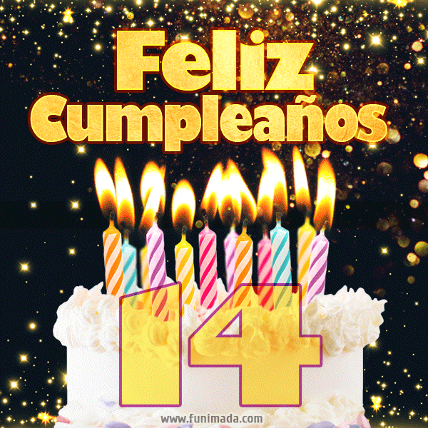 Tarjeta de cumpleaños feliz de 14 años con torta y velas (GIF) — Descargar en Funimada.com