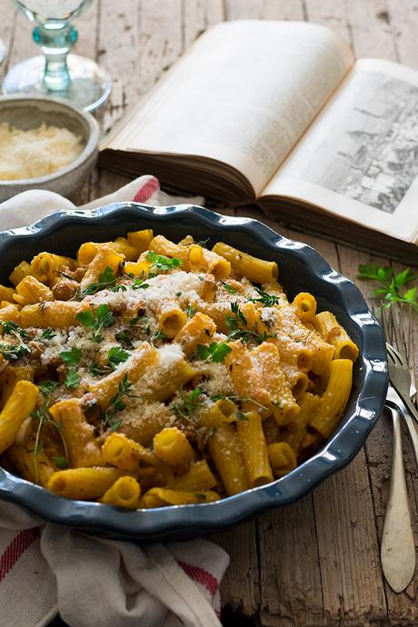 PASTA AL HORNO CON SOJA TEXTURIZADA Y CREMA DE CALABAZA