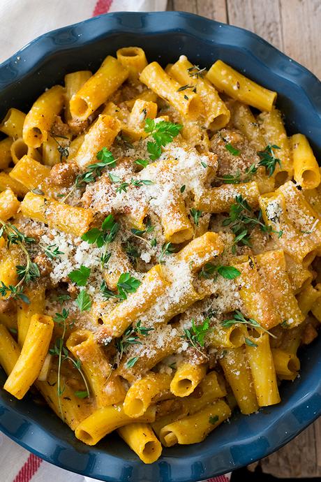 PASTA AL HORNO CON SOJA TEXTURIZADA Y CREMA DE CALABAZA