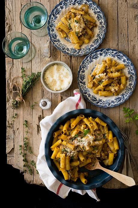 PASTA AL HORNO CON SOJA TEXTURIZADA Y CREMA DE CALABAZA