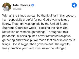 Gobernador de Mississippi no restringe iglesias en la pandemia, afirma que Dios es más grande que el gobierno