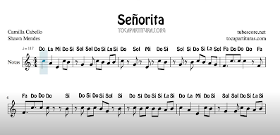 Señorita Partitura Fácil con Notas en letra Flautas Violín Saxofones Guitarra Trompeta Viola Chelo Fagot Clarinete Trombón Bajo Tuba...