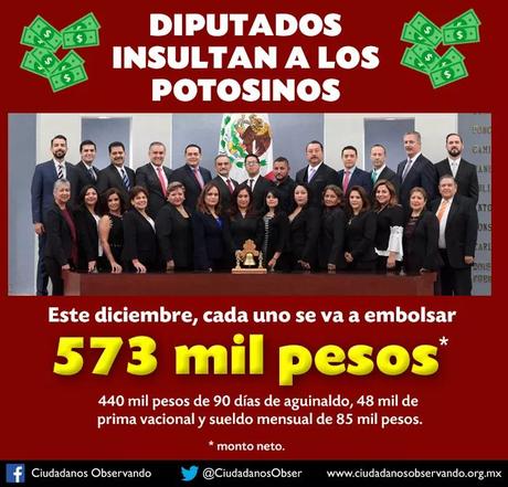 Diputados de SLP recibirán 573 mil pesos este diciembre