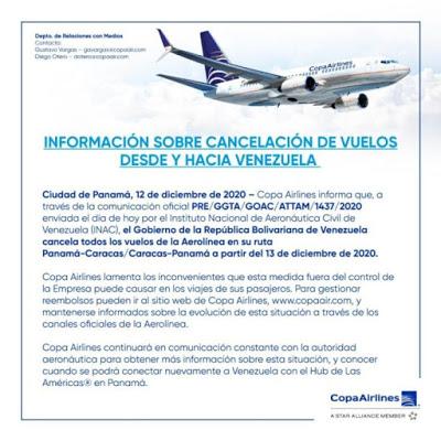 Vuelos aéreos entre Venezuela y Panamá han sido suspendidos a partir del 13 de diciembre 2020 Vuelos aéreos entre Venezuela y Panamá han sido suspendidos a partir del 13 de diciembre 2020