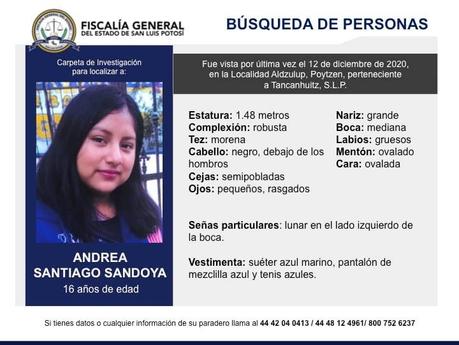 Buscan a Andrea de 16 años, desapareció en Tancanhuitz, SLP