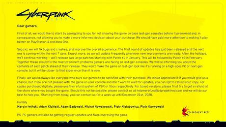 Comunicado de CD Projekt Red tras la salida de Cyberpunk 2077